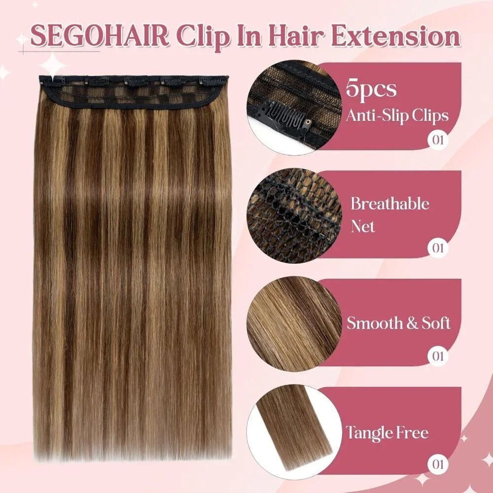 Clip In Hair Extensions Human Hair 8 Inches Medium Brown Dark Blonde Voluminous